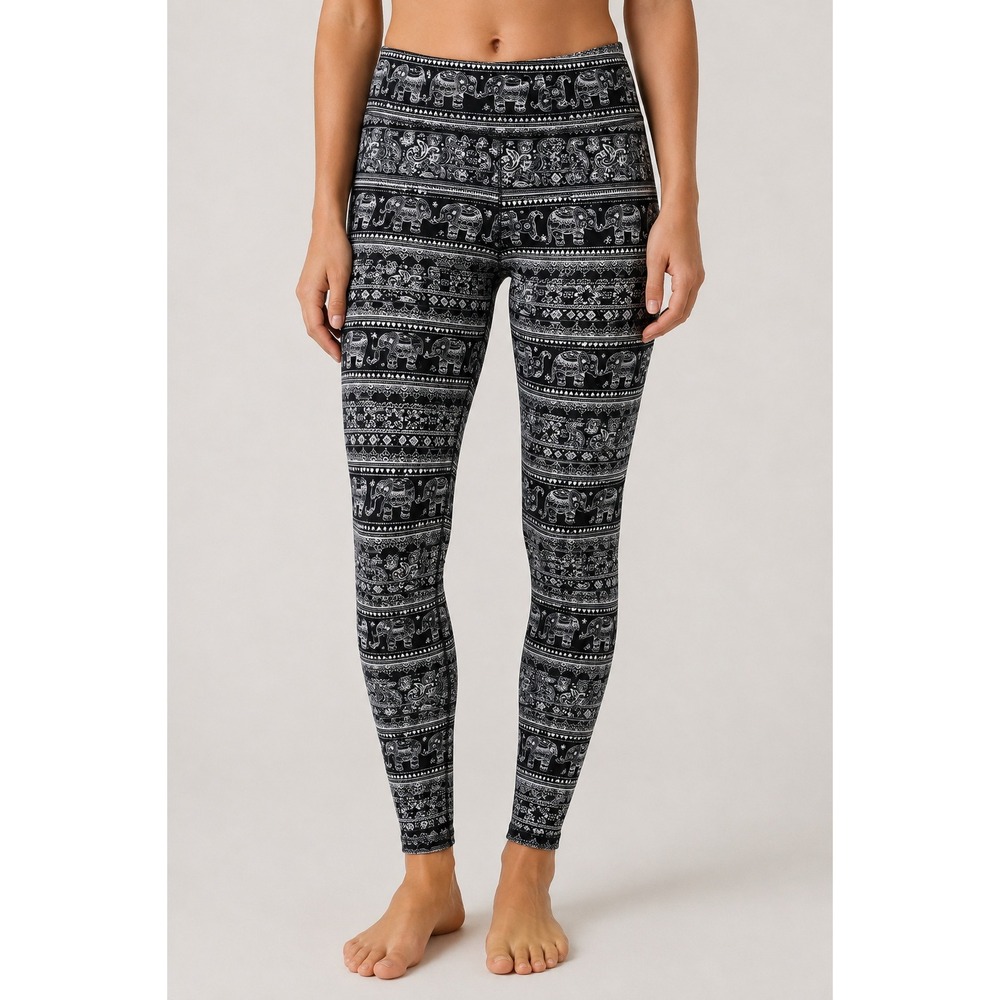 Bobbie Brooks Womens XL Black White Elephant Paisley Boho Print Leggings Yoga